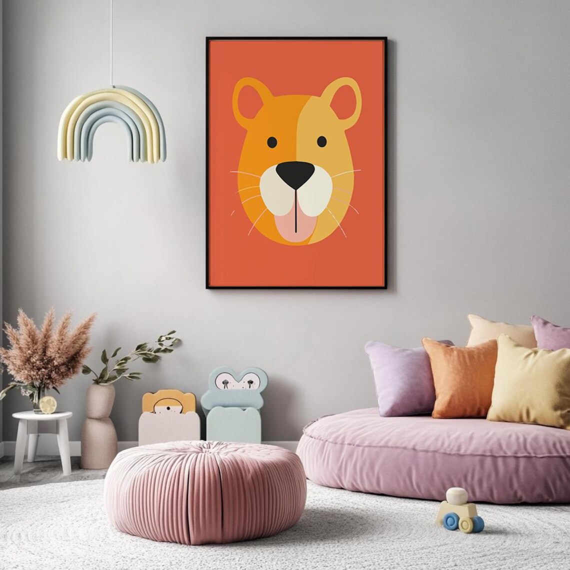 Playful Lion Face Terracotta Background Cute Nursery Kids Room Wall Art Poster - Image 4