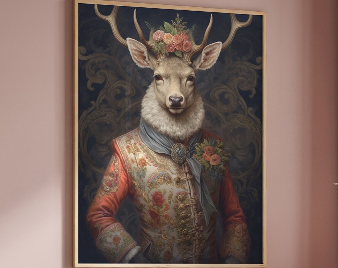 Stag in Royal Brocade Jacket With Rose Crown Baroque Style Poster