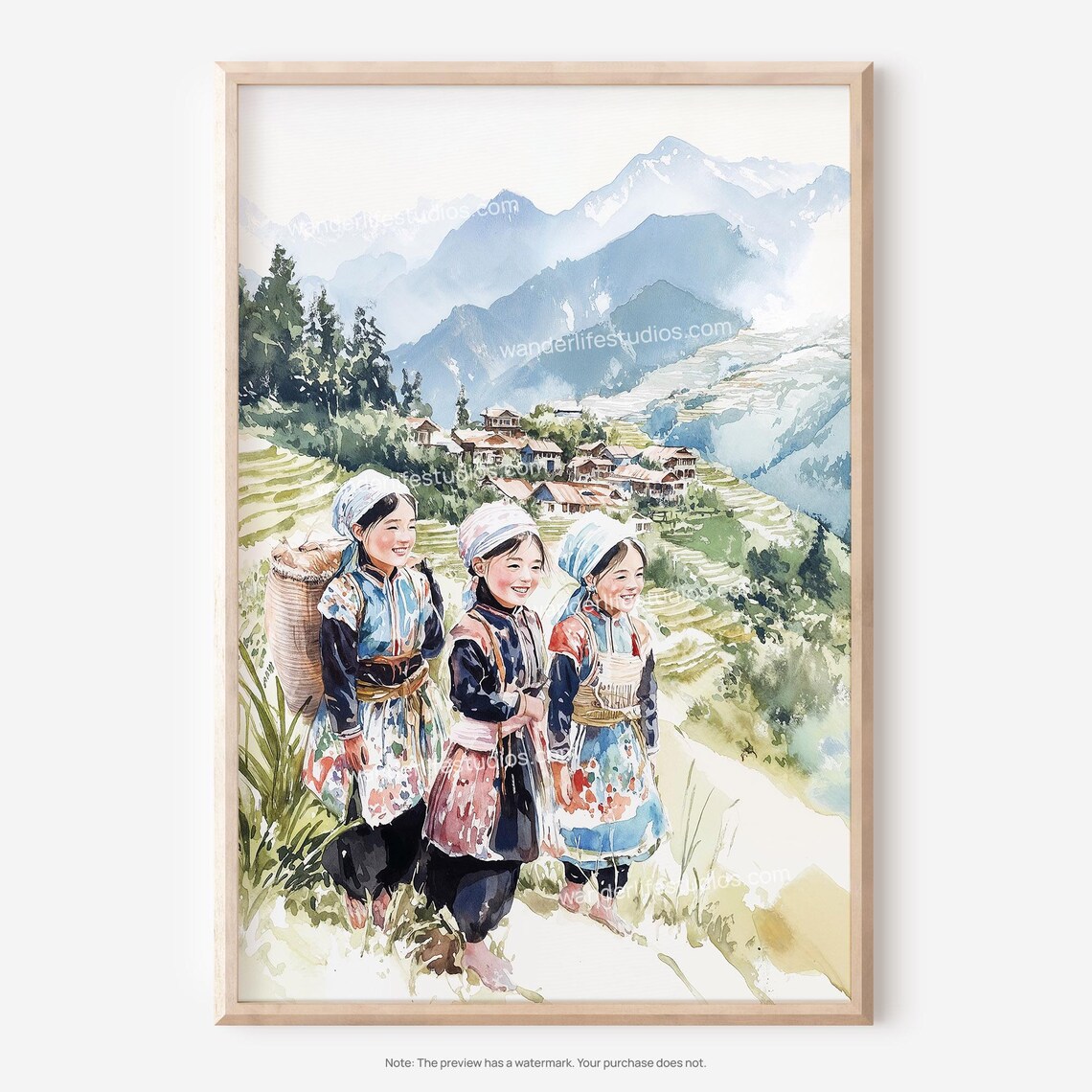 Sapa Vietnam Hmong Girls Rice Terraces Village Watercolor Poster