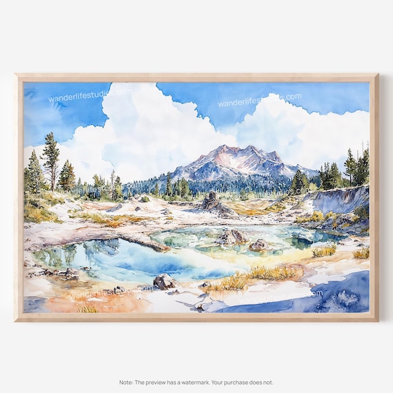 Lassen Volcanic National Park Watercolor Mountain Lake Poster