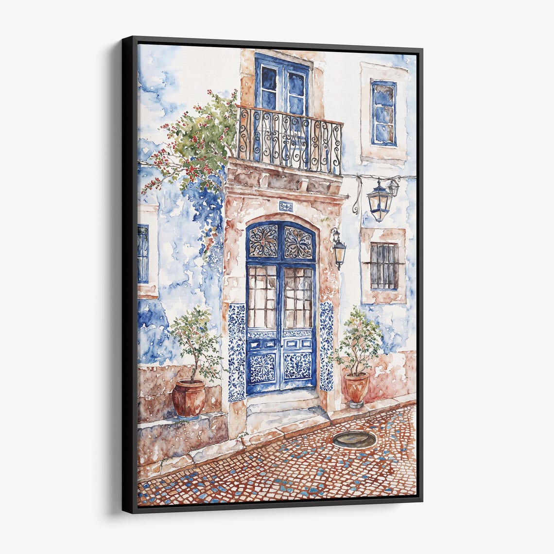 Blue Tiled Door Old Town Watercolor Cobblestone Street Charm Poster