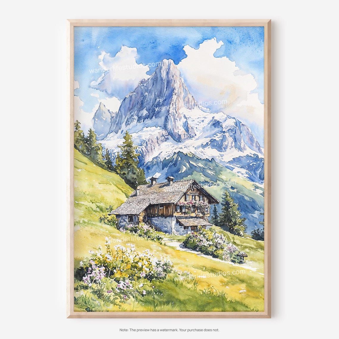 Swiss Alps Snowy Peak Mountain Chalet Watercolor Travel Poster