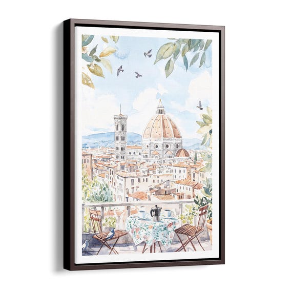 Florence Canvas Print Morning Coffee With Scenic Watercolor City View