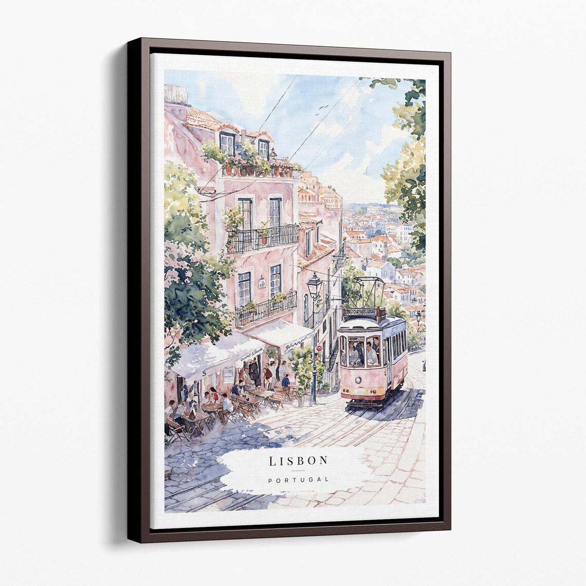 Lisbon Portugal Watercolor Tram Street Scene Travel Art Poster