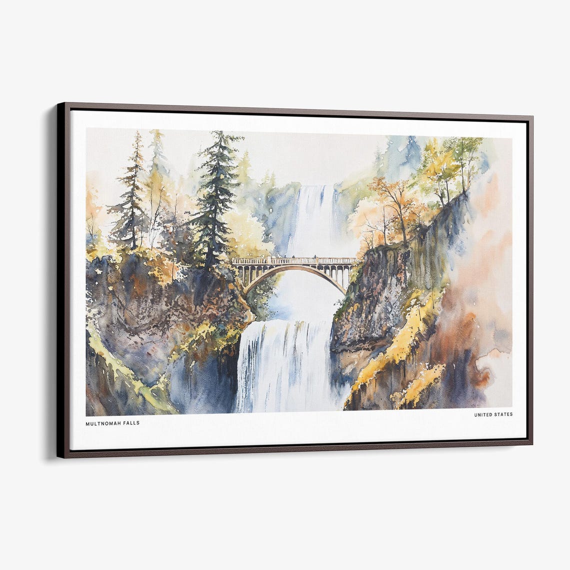 Multnomah Falls Oregon Watercolor Benson Bridge Waterfall Poster