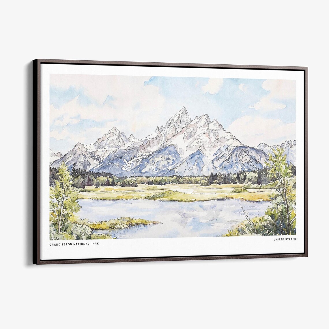 Grand Teton National Park Watercolor Mountain Lake Landscape Poster