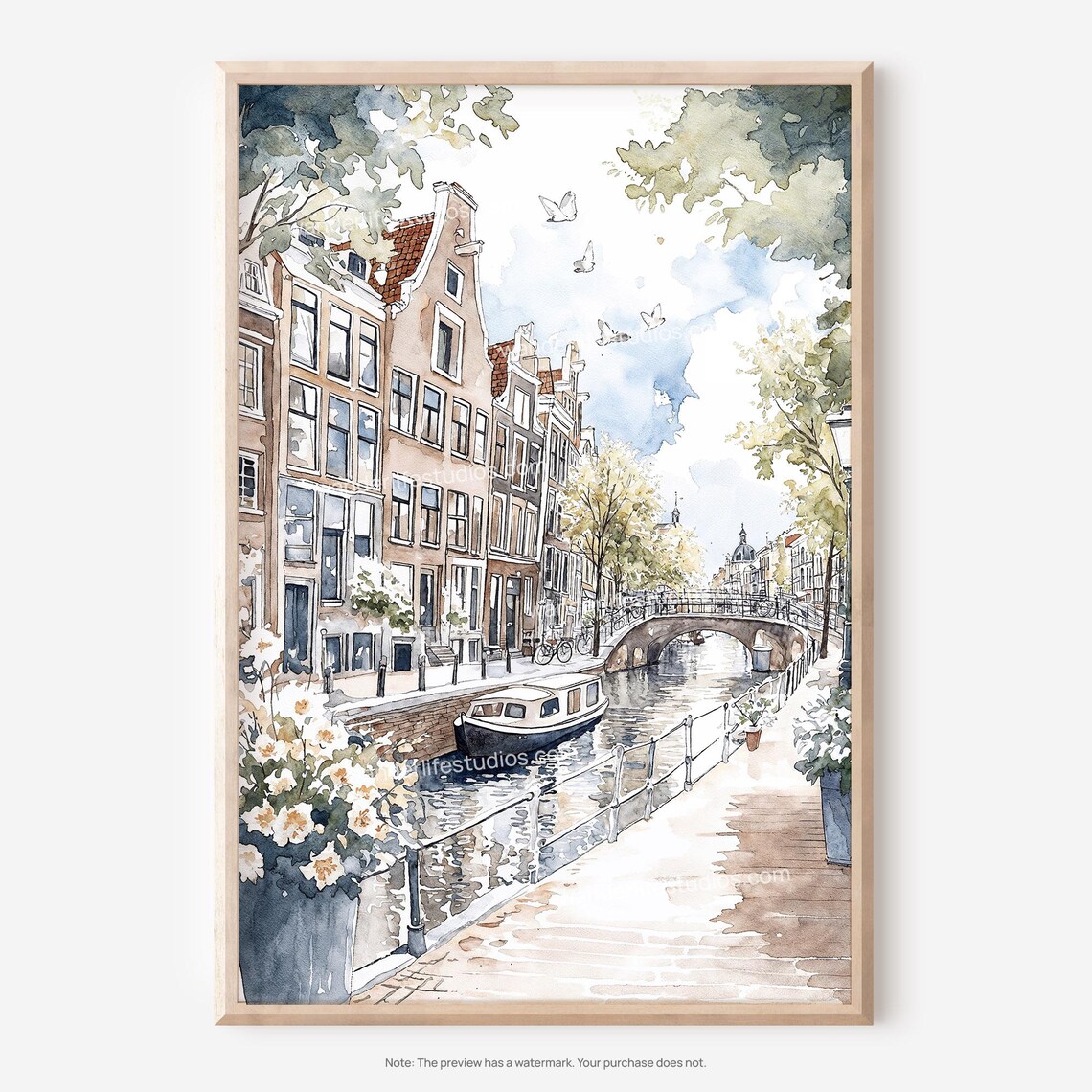 Amsterdam Canal Watercolor Boat Flowers Bridge European Art Poster