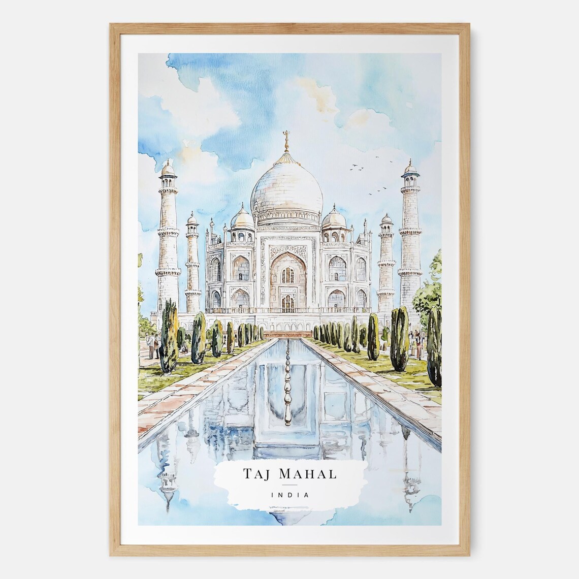 Taj Mahal India Watercolor Travel Poster Reflection Pool Art