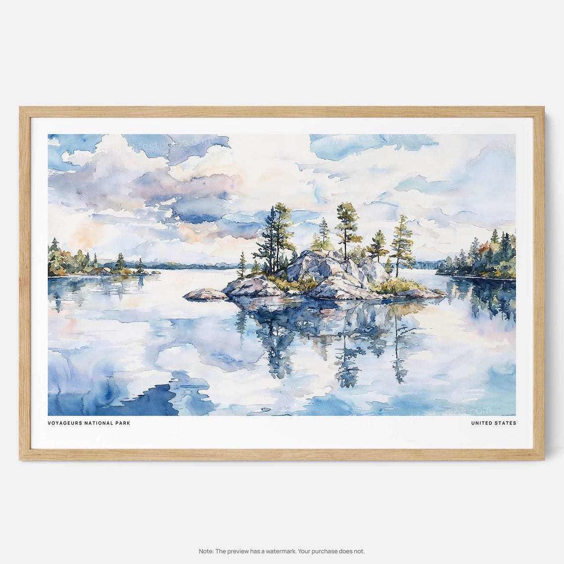Voyageurs National Park Watercolor Lake Islands Pine Trees Poster