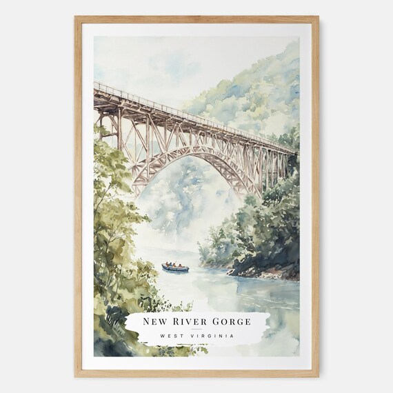 New River Gorge West Virginia Steel Bridge Misty Watercolor Poster