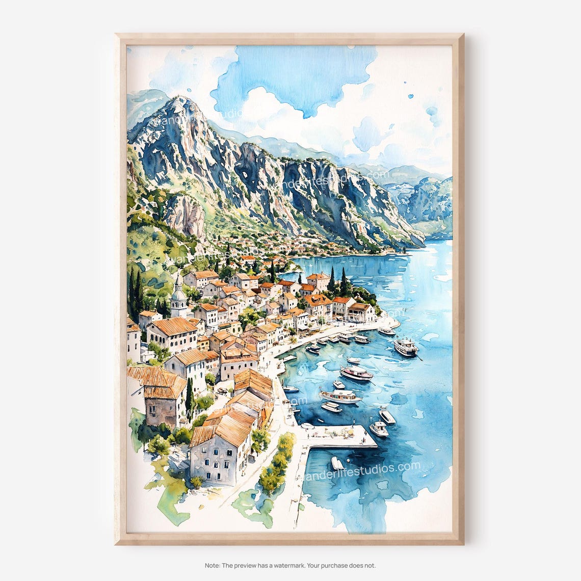 Perast Montenegro Adriatic Bay Waterfront Watercolor Art Poster