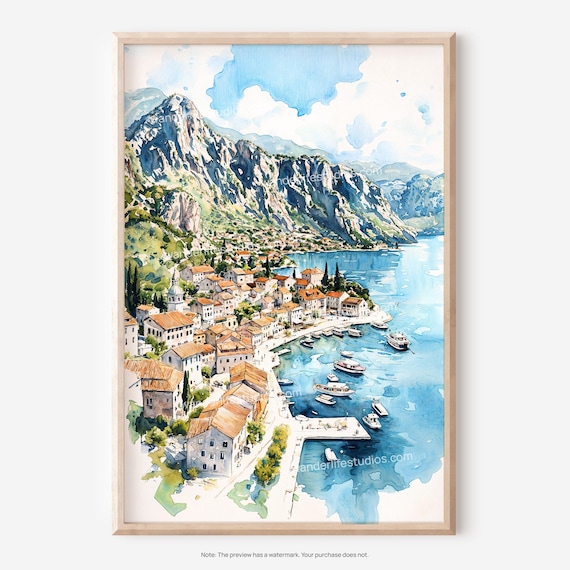 Perast Montenegro Adriatic Bay Waterfront Watercolor Art Poster