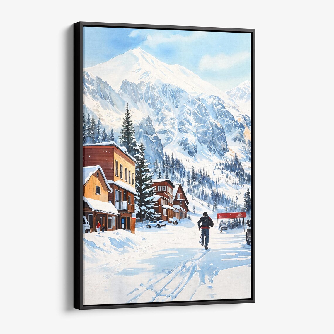 Snowy Alpine Ski Village Watercolor Winter Mountain Town Poster
