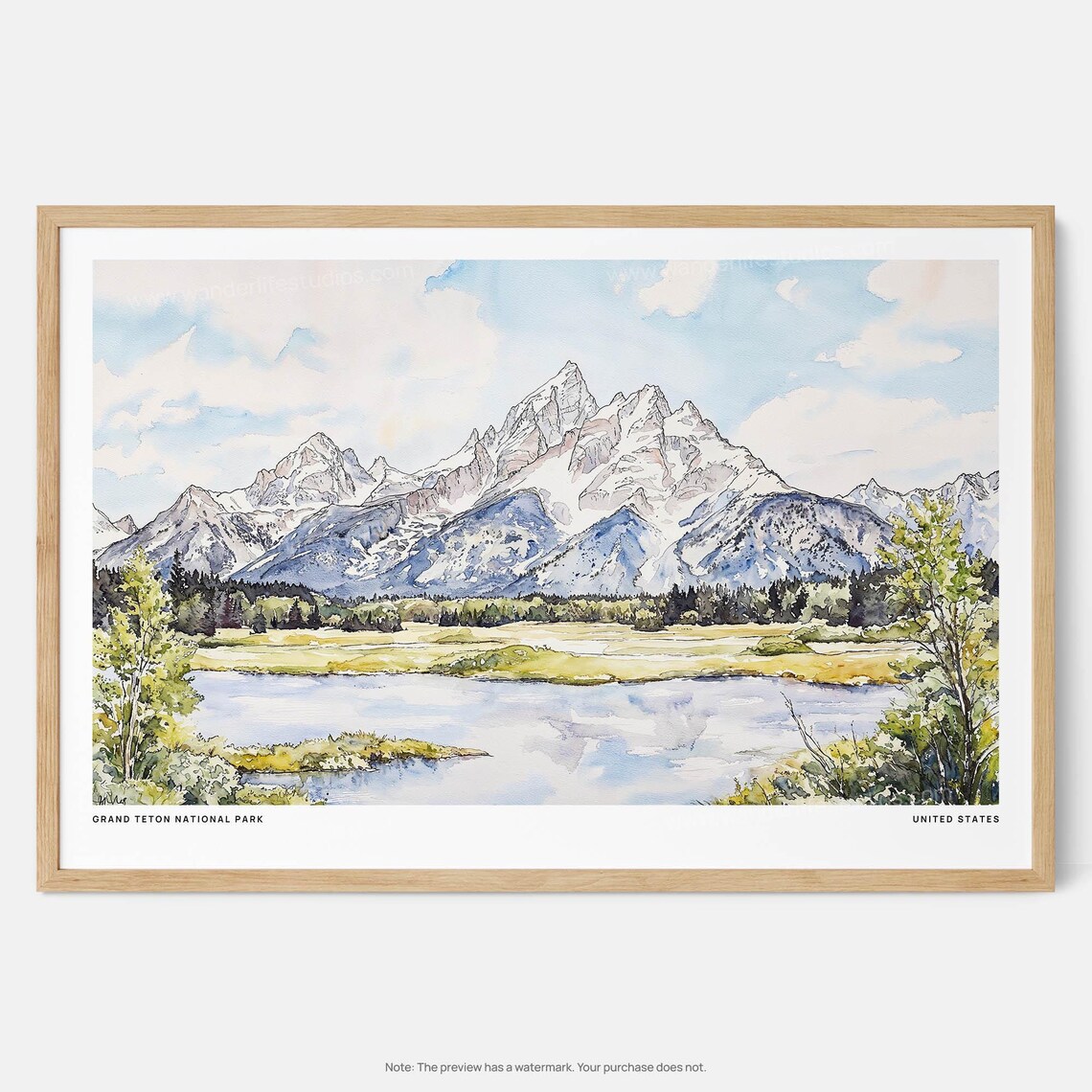 Grand Teton National Park Peaks Lake Watercolor Travel Art Poster