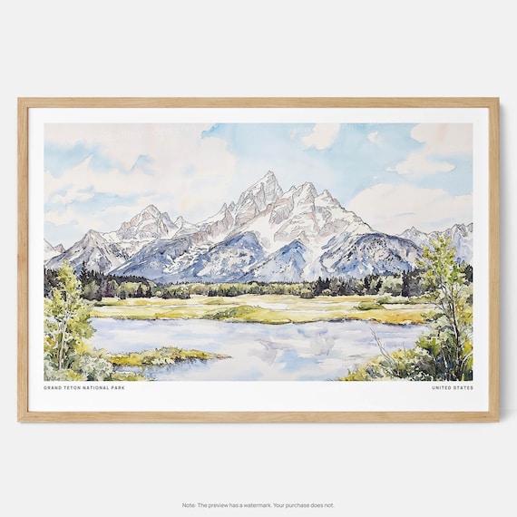 Grand Teton National Park Peaks Lake Watercolor Travel Art Poster