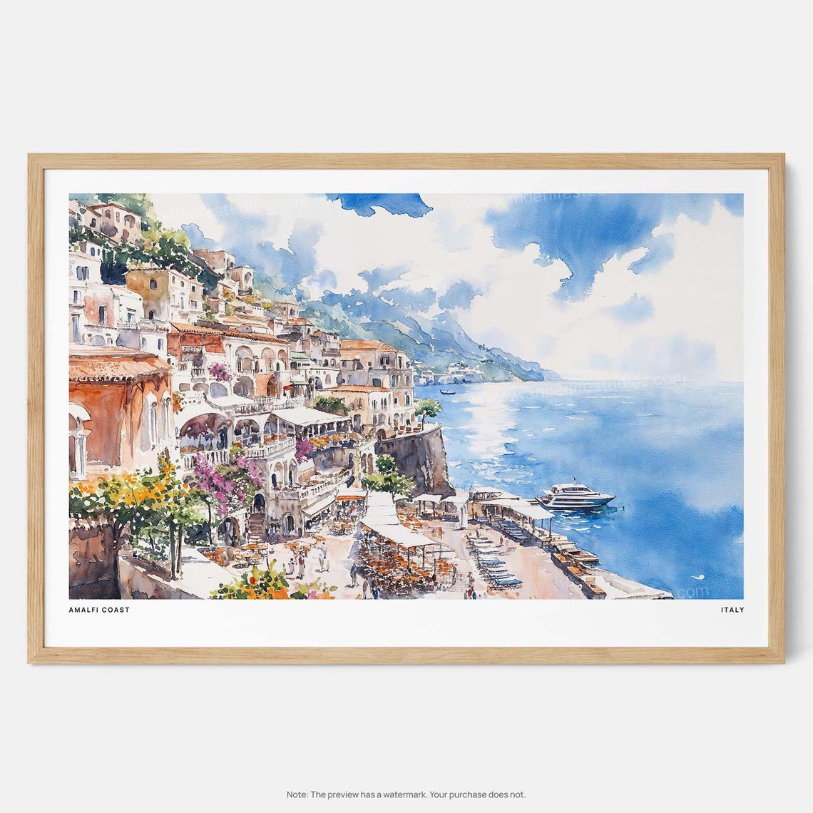 Amalfi Coast Italy Cliffside Village Watercolor Travel Poster