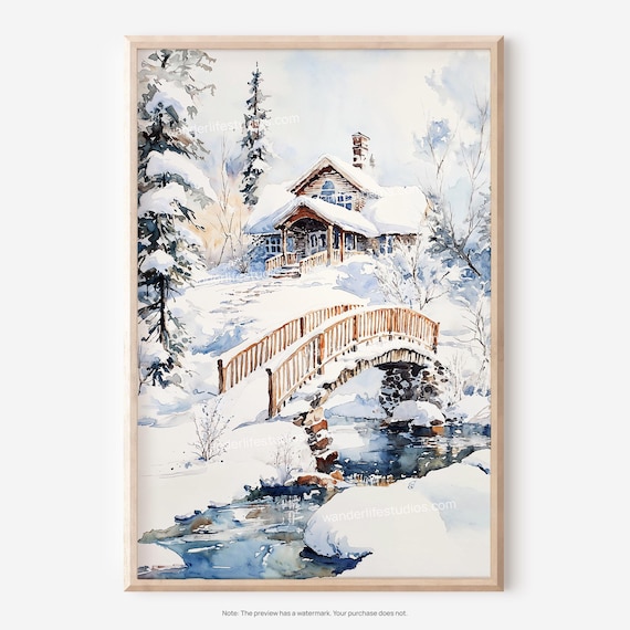 Fairbanks Alaska Snowy Log Cabin Watercolor Winter Scene Poster