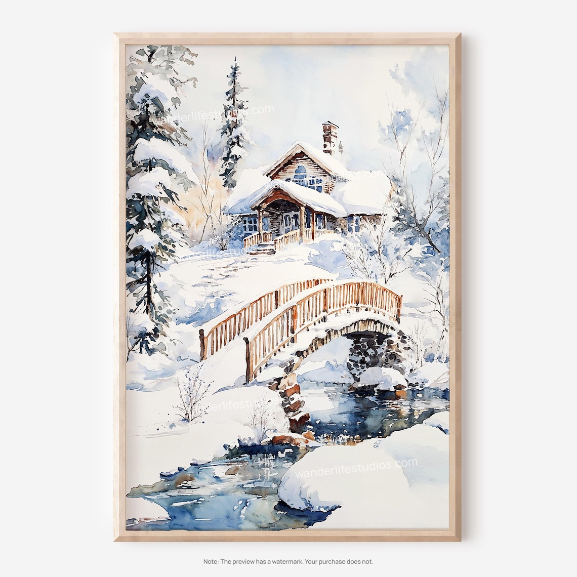 Fairbanks Alaska Snowy Log Cabin Watercolor Winter Scene Poster