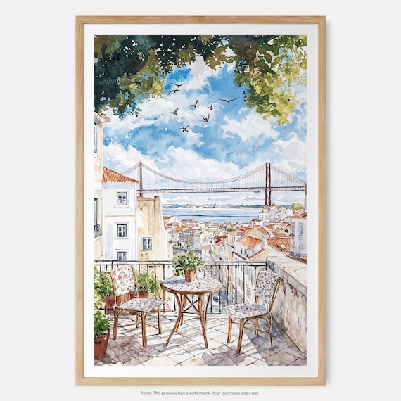 Lisbon Balcony Morning Coffee 25 de Abril Bridge Watercolor Poster