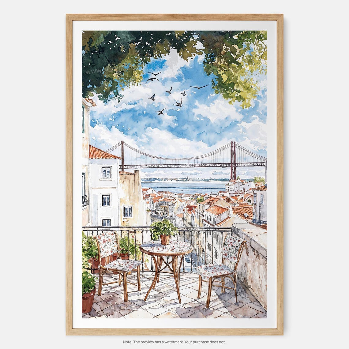 Lisbon Balcony Morning Coffee 25 de Abril Bridge Watercolor Poster