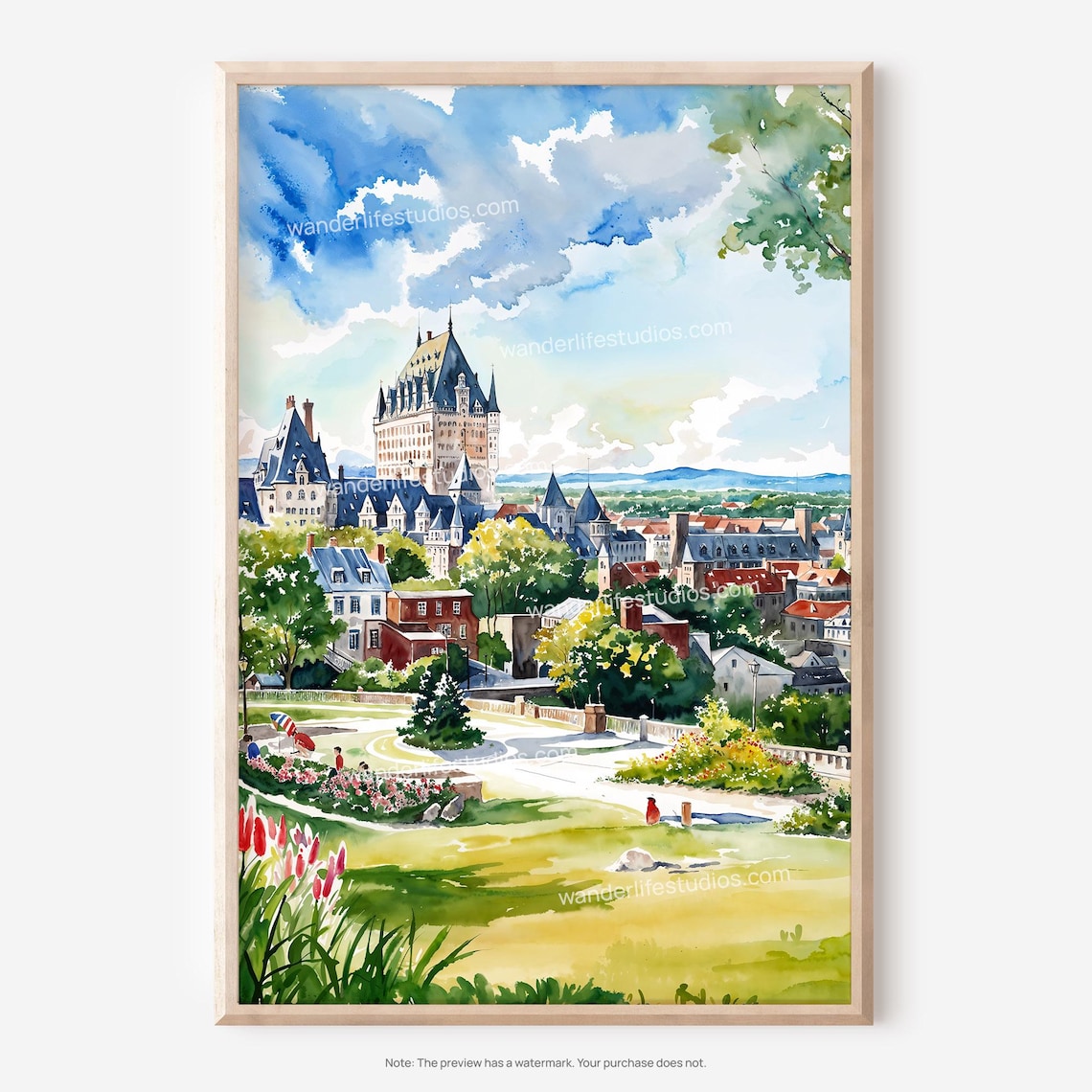 Château Frontenac Quebec City Watercolor Garden View Art Poster