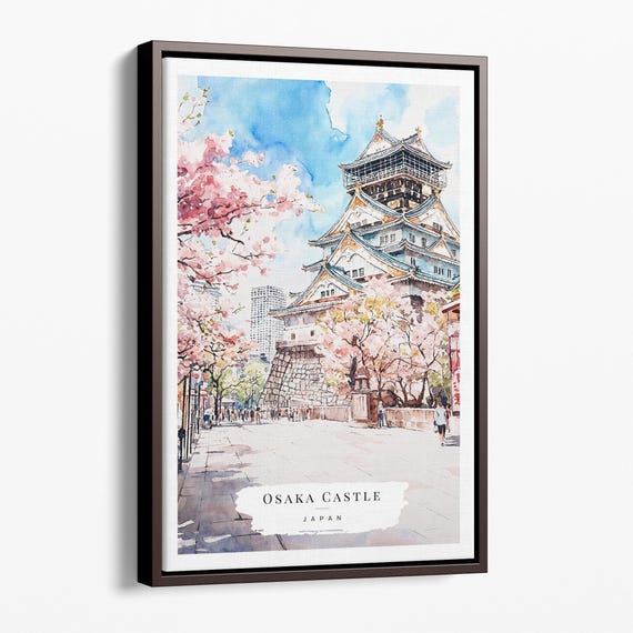 Osaka Castle Canvas Art Print Cherry Blossom Watercolor Wall