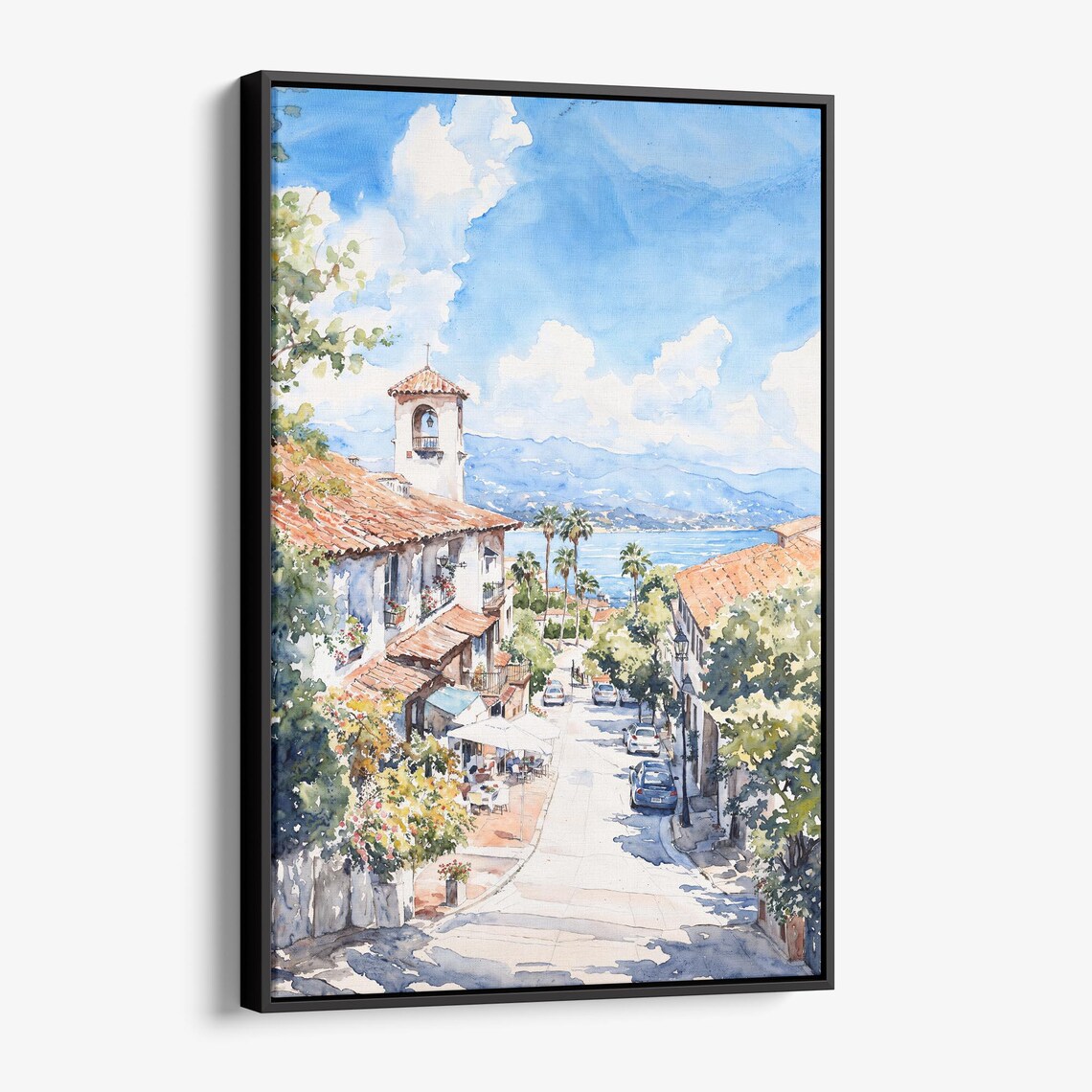 Santa Barbara Coastal Street Watercolor Palm Trees Travel Poster