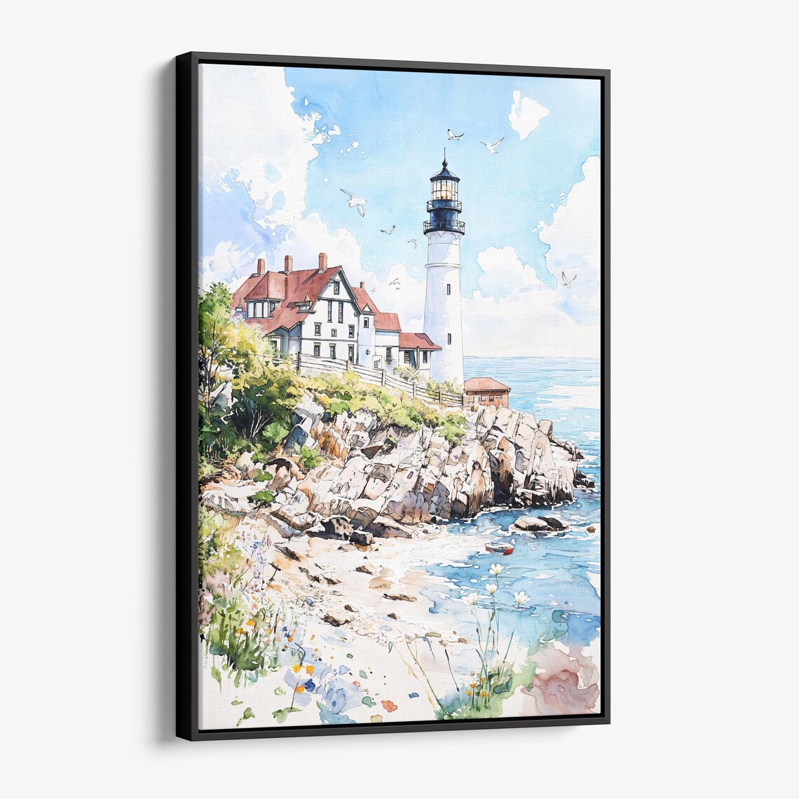 Lighthouse on Rocky Coast Watercolor Seaside Keeper House Poster