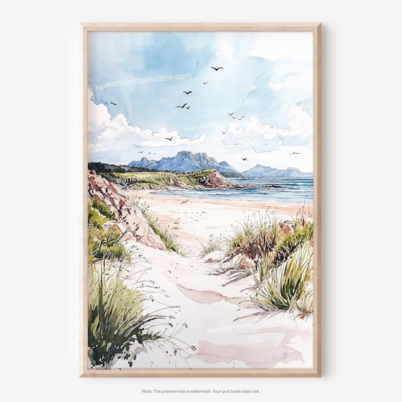 Donegal Ireland Wild Atlantic Beach Dunes Watercolor Landscape Poster