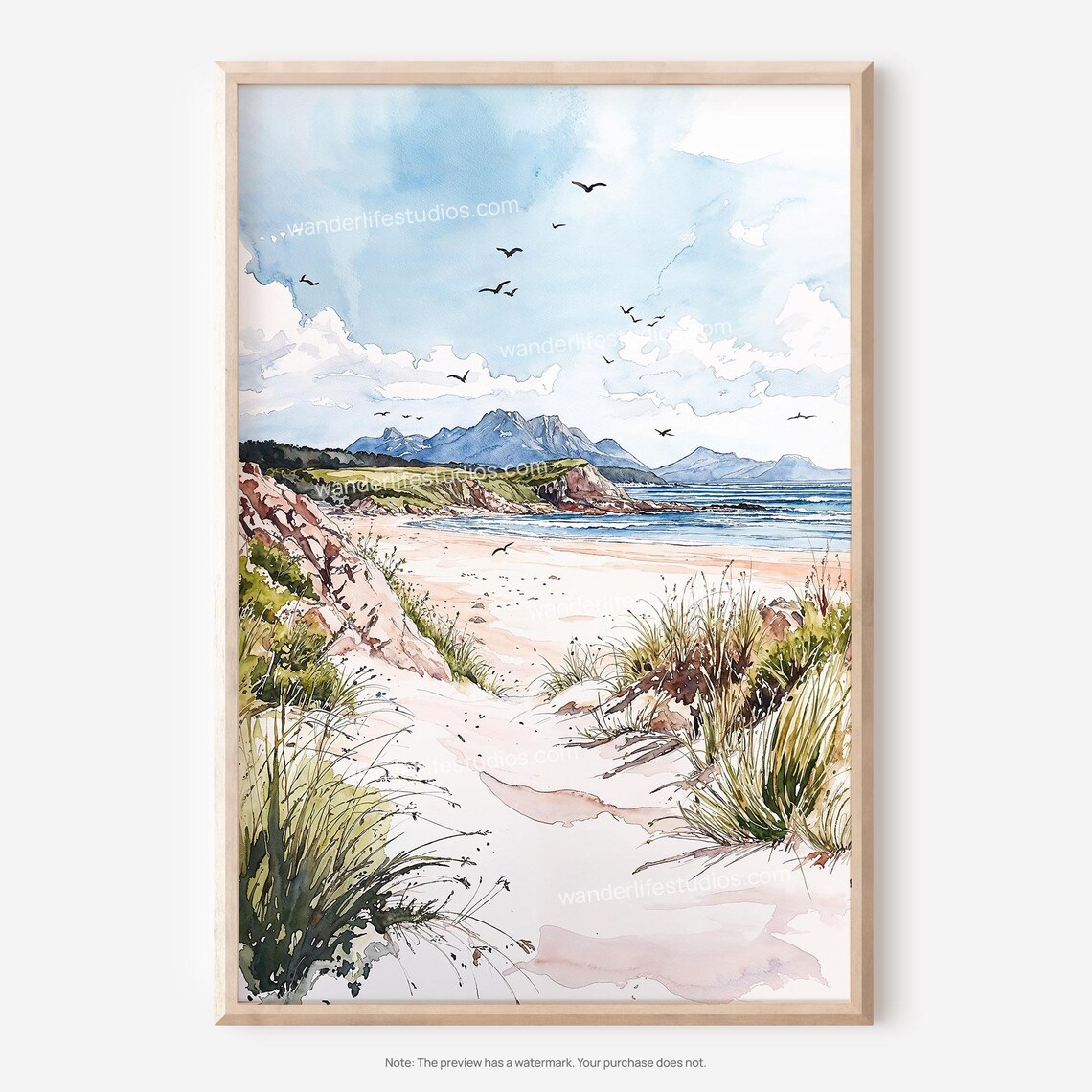 Donegal Ireland Wild Atlantic Beach Dunes Watercolor Landscape Poster