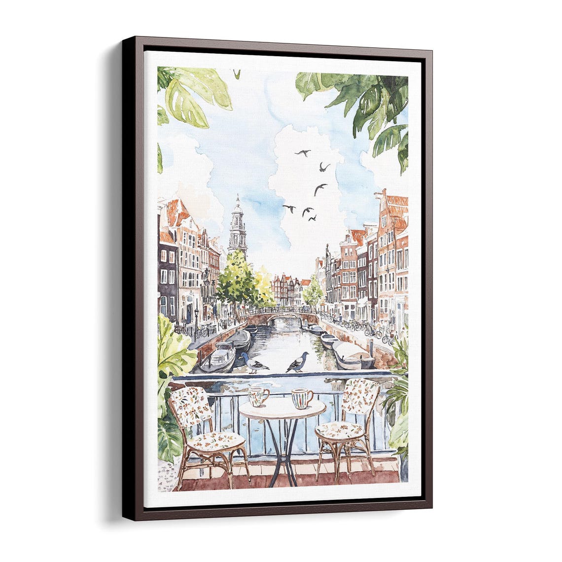 Amsterdam Canal Balcony Coffee Watercolor Cityscape Art Poster