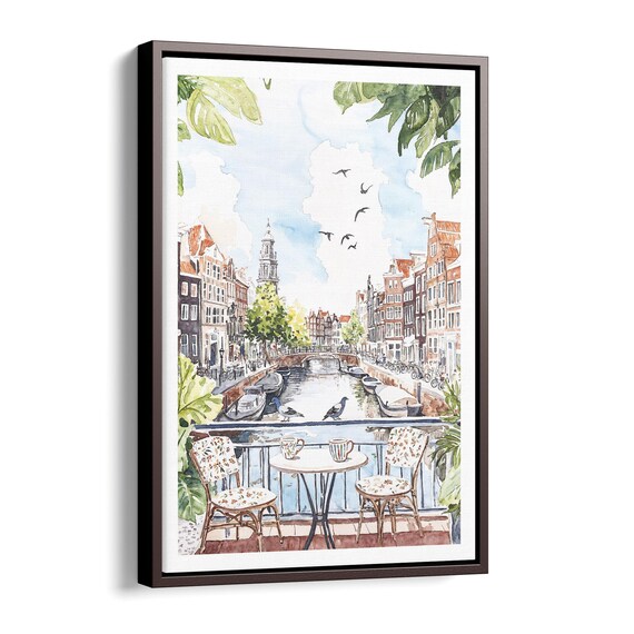 Amsterdam Canal Balcony Coffee Watercolor Cityscape Art Poster