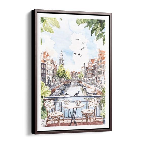 Morning Coffee In Amsterdam Canvas Print Watercolor Canal Art For Home Decor