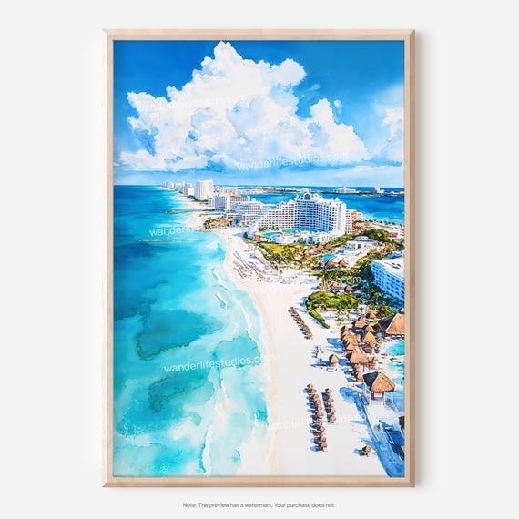 Cancun Mexico Wall Art Tropical Beach Watercolor