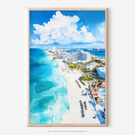 Tropical Beach Resort with Turquoise Water Aerial Watercolor Poster