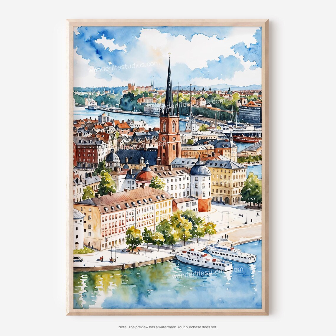 Stockholm Sweden Old Town Watercolor Skyline Harbor View Wall Art
