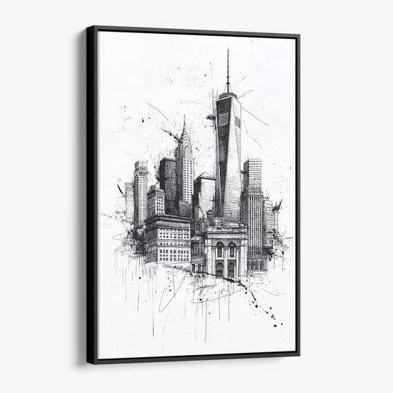 One World Trade Center Canvas Print New York City Skyline Pencil Drawing Art