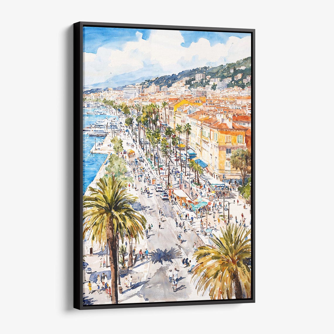 Palm Lined Seaside Promenade Bustling Boulevard Watercolor Art Poster