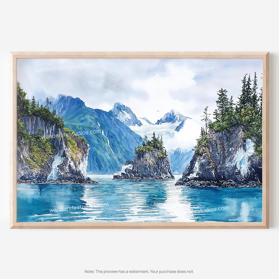 Kenai Fjords Alaska Watercolor Poster Glacier Fjord Mountain Scene