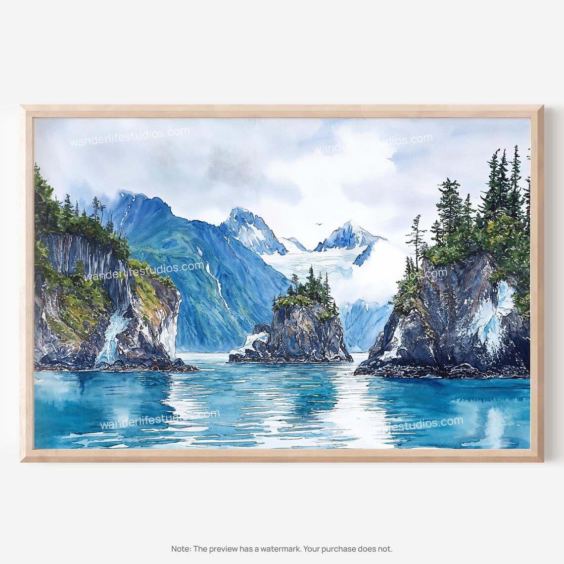 Kenai Fjords Alaska Watercolor Poster Glacier Fjord Mountain Scene
