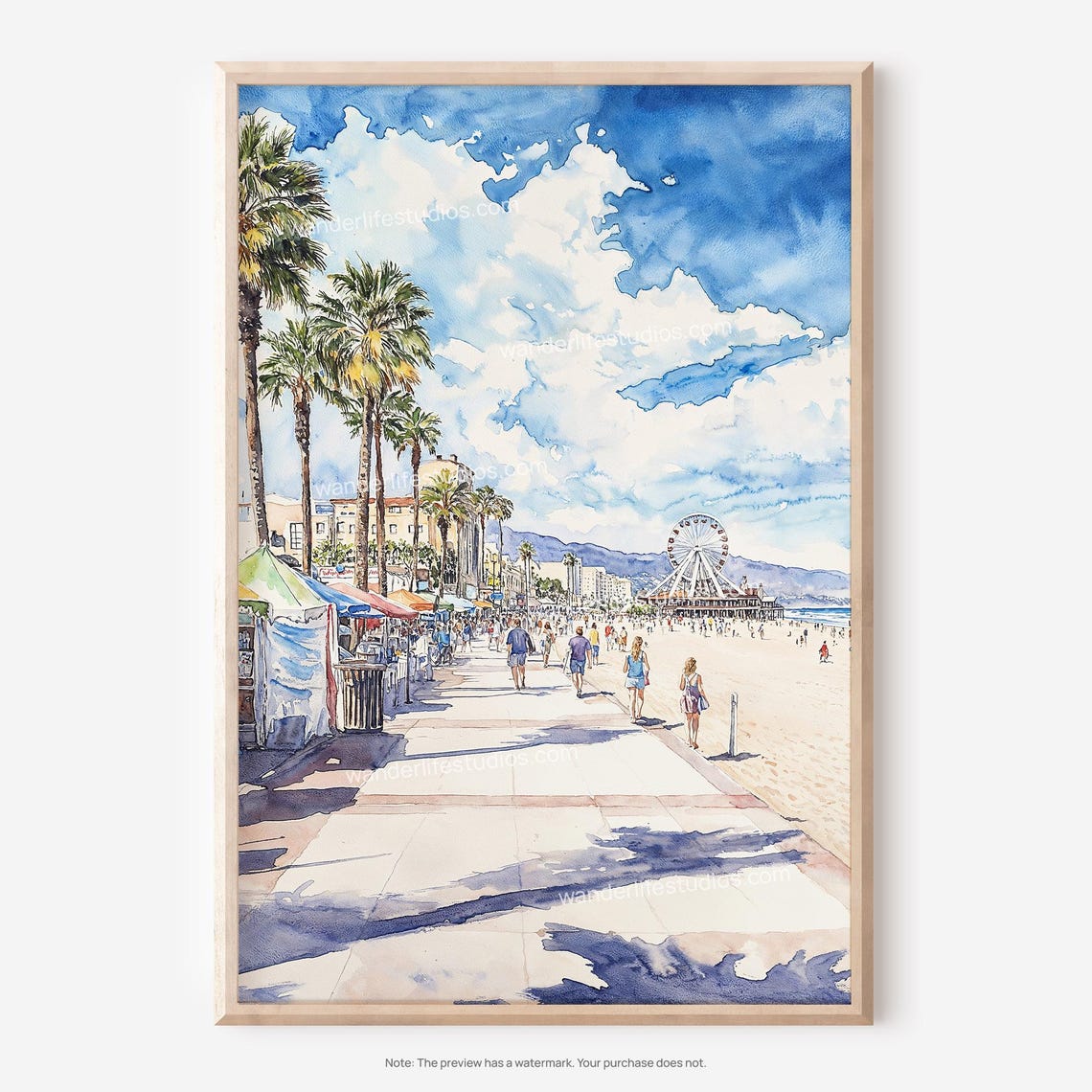 Santa Monica Pier Ferris Wheel Boardwalk Watercolor Beach Poster