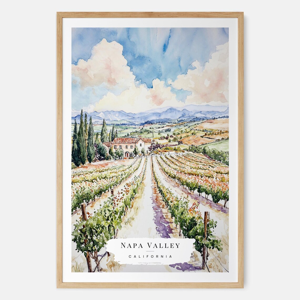 Napa Valley Vineyard Watercolor Art Print, Wine Lover