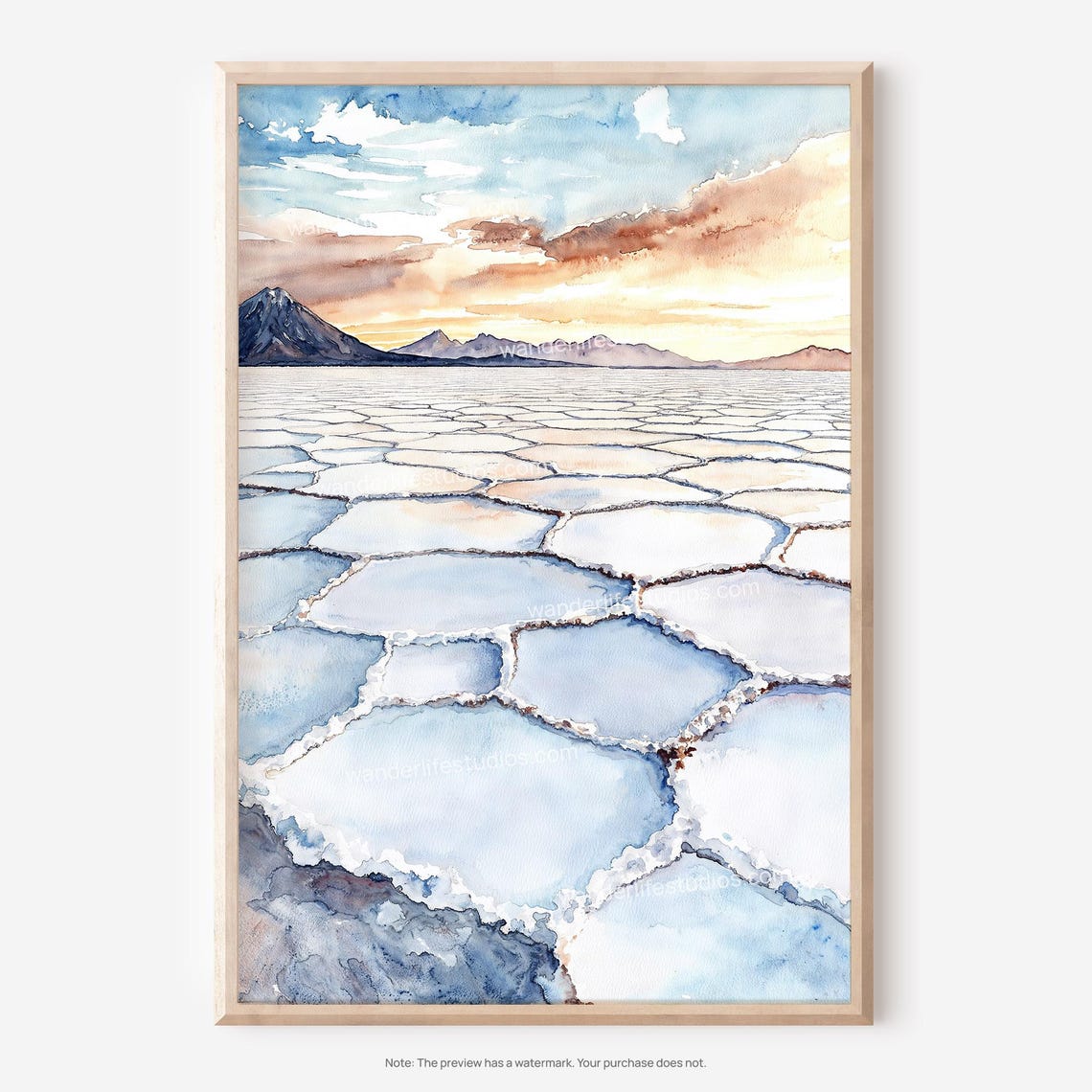 Salt Flat Reflections at Sunset Peaceful Watercolor Nature Poster