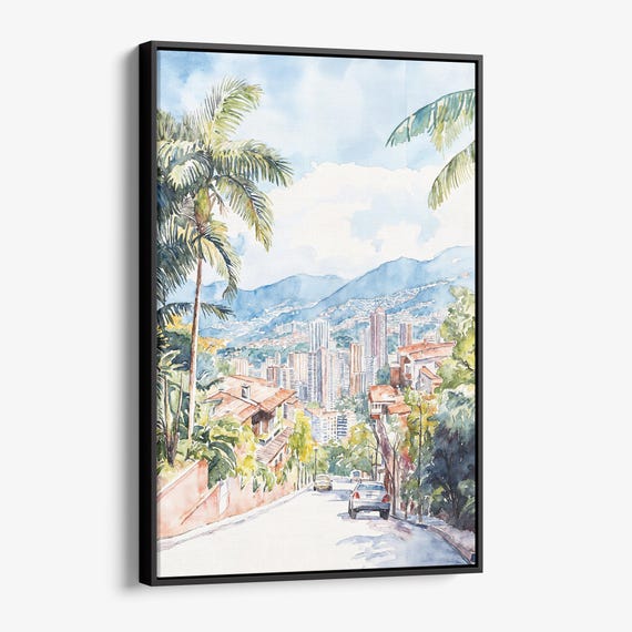 Medellin Skyline Canvas Print Colorful Watercolor Urban Landscape Art