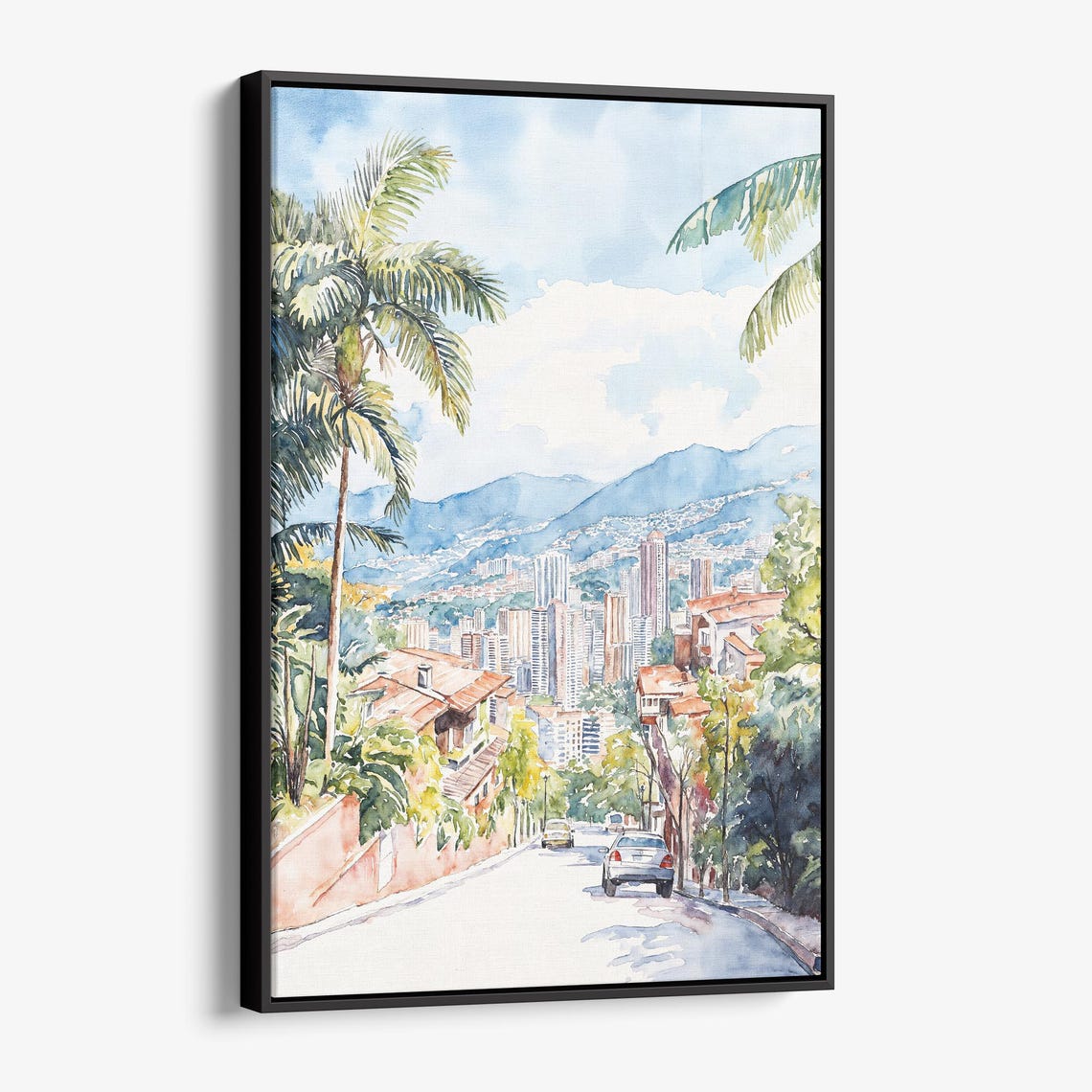 Medellin Skyline Canvas Print Colorful Watercolor Urban Landscape Art