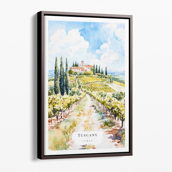 Tuscany Italy Watercolor Vineyard Cypress Villa Hill Countryside Art Poster