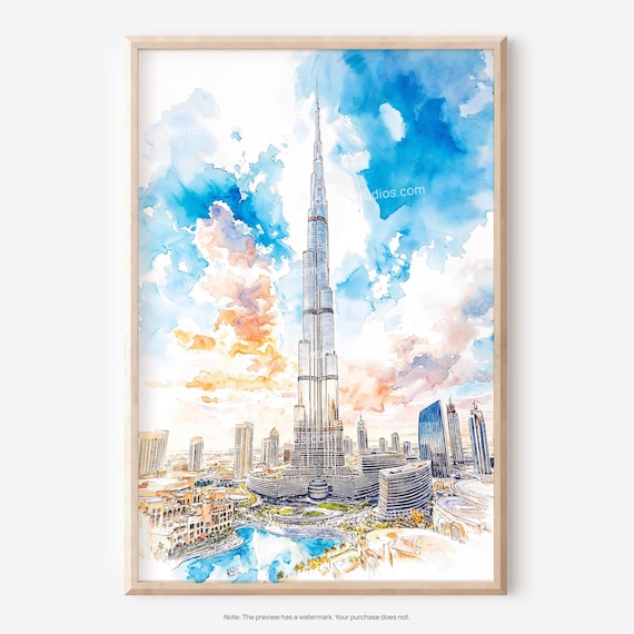 Burj Khalifa Wall Art Watercolor Of Iconic Dubai Skyline