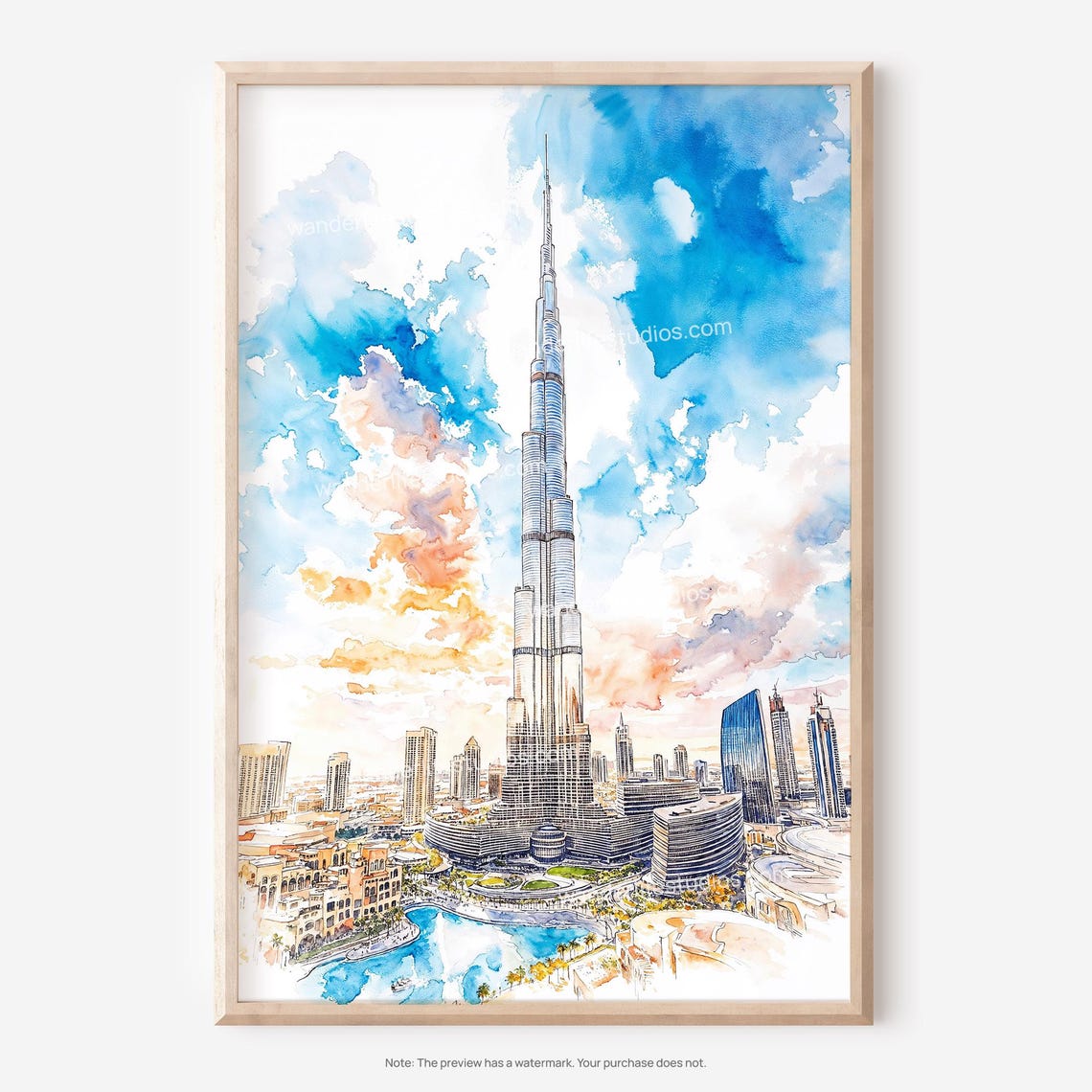 Burj Khalifa Dubai Watercolor Tall Tower Skyline Travel Poster