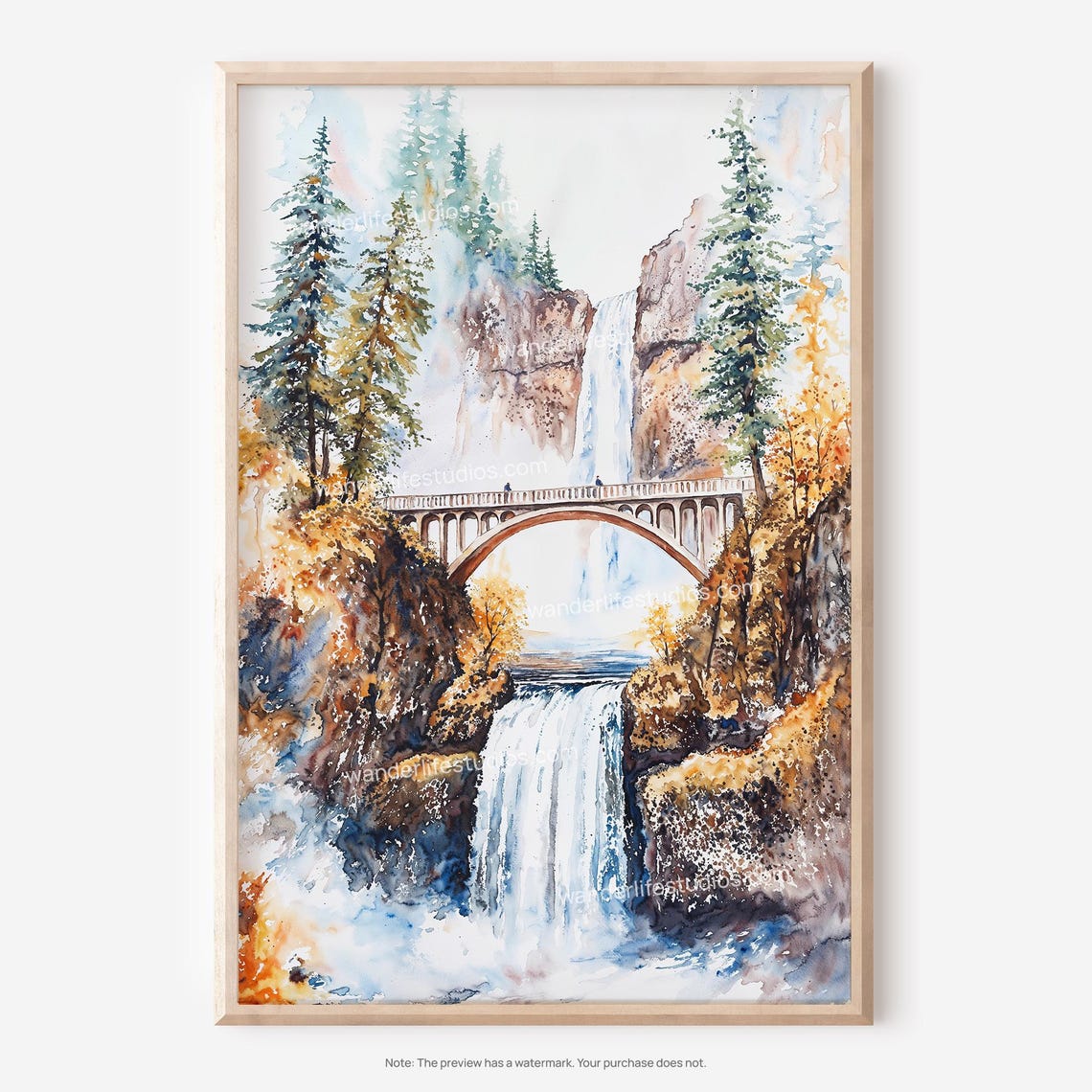 Multnomah Falls Oregon Watercolor Bridge Waterfall Autumn Poster