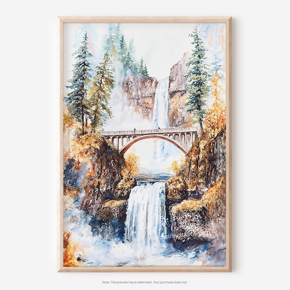 Multnomah Falls Oregon Watercolor Bridge Waterfall Autumn Poster
